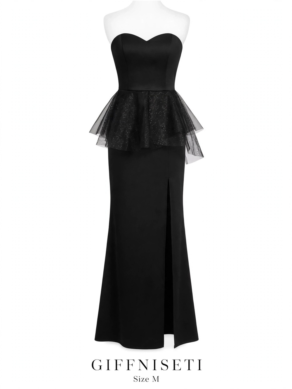 Black Strapless Peplum Evening Gown